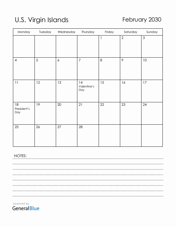 February 2030 U.S. Virgin Islands Calendar with Holidays (Monday Start)