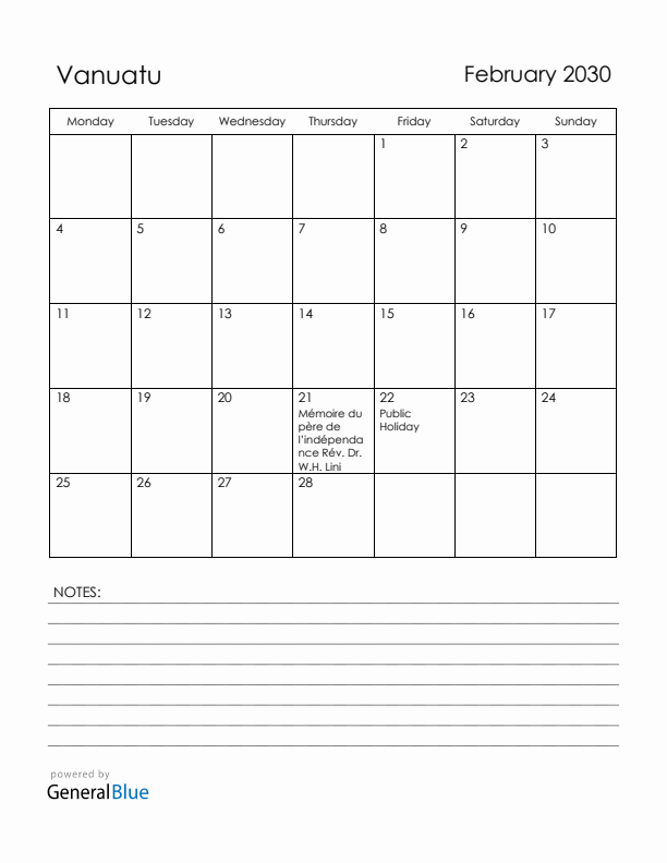 February 2030 Vanuatu Calendar with Holidays (Monday Start)