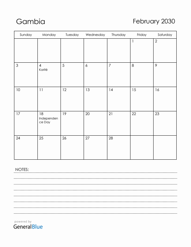 February 2030 Gambia Calendar with Holidays (Sunday Start)