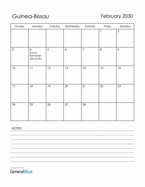 February 2030 Guinea-Bissau Calendar with Holidays (Sunday Start)