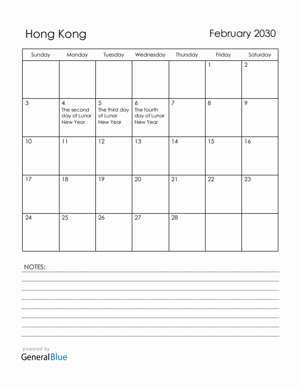 February 2030 Hong Kong Calendar with Holidays (Sunday Start)