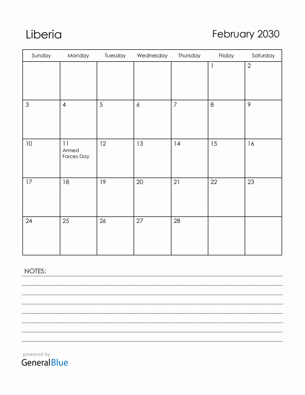February 2030 Liberia Calendar with Holidays (Sunday Start)