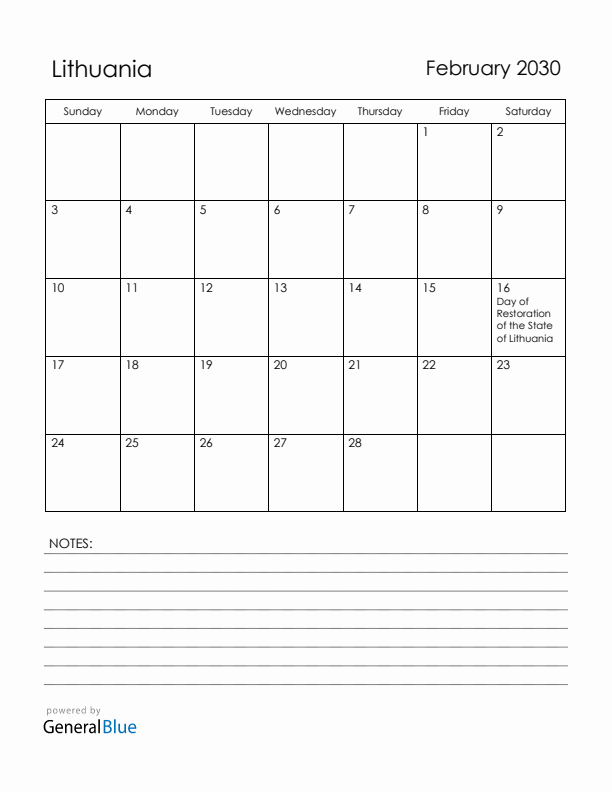 February 2030 Lithuania Calendar with Holidays (Sunday Start)