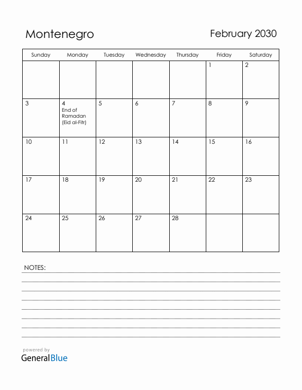 February 2030 Montenegro Calendar with Holidays (Sunday Start)