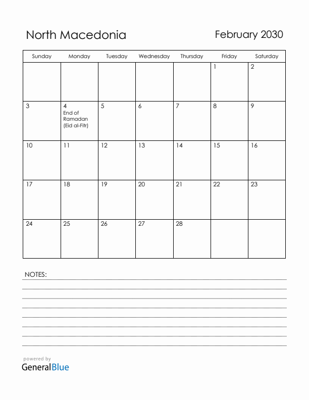 February 2030 North Macedonia Calendar with Holidays (Sunday Start)