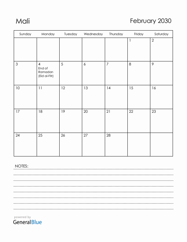 February 2030 Mali Calendar with Holidays (Sunday Start)
