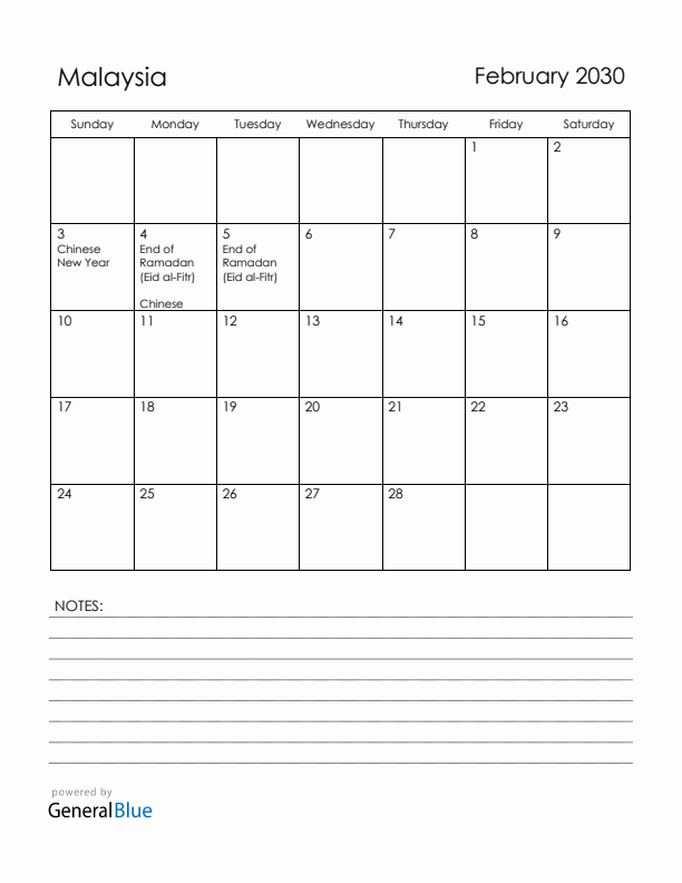 February 2030 Malaysia Calendar with Holidays (Sunday Start)