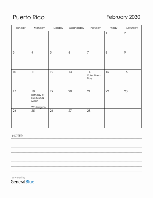 February 2030 Puerto Rico Calendar with Holidays (Sunday Start)