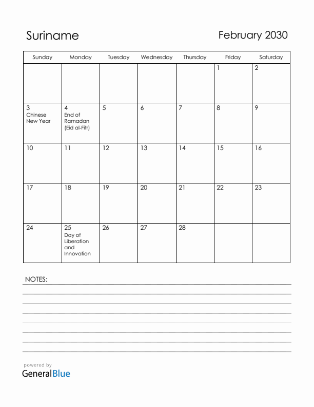 February 2030 Suriname Calendar with Holidays (Sunday Start)