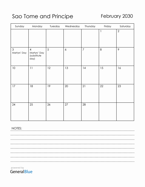 February 2030 Sao Tome and Principe Calendar with Holidays (Sunday Start)