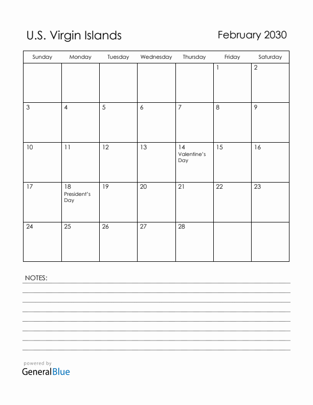 February 2030 U.S. Virgin Islands Calendar with Holidays (Sunday Start)