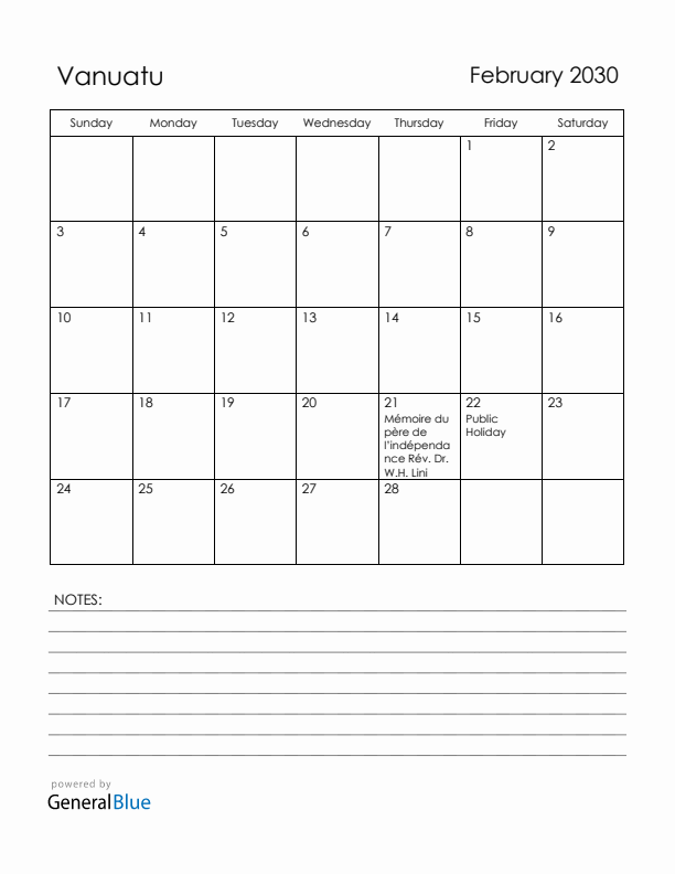 February 2030 Vanuatu Calendar with Holidays (Sunday Start)