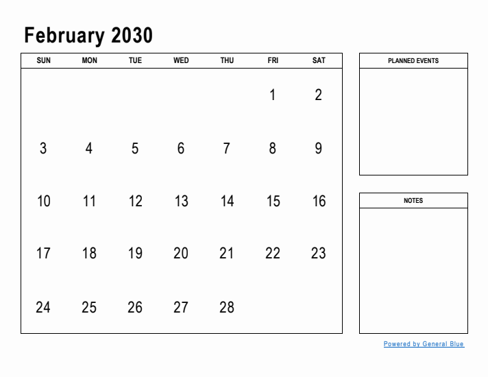 February 2030 Calendar Planner