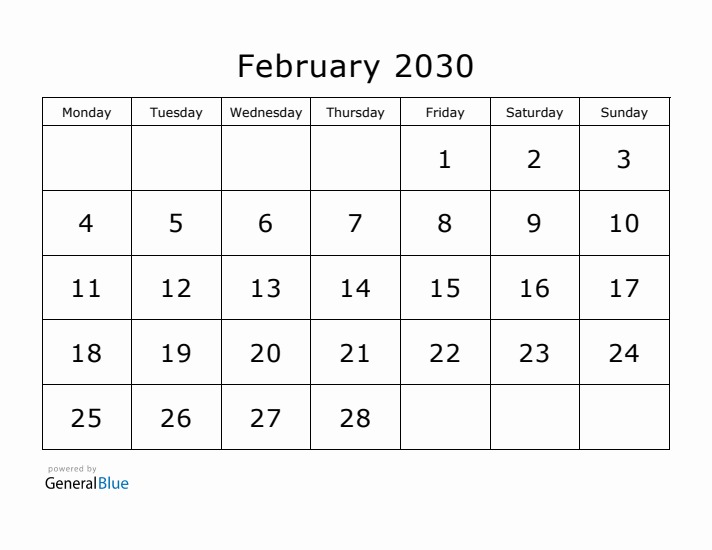 Printable February 2030 Calendar - Monday Start