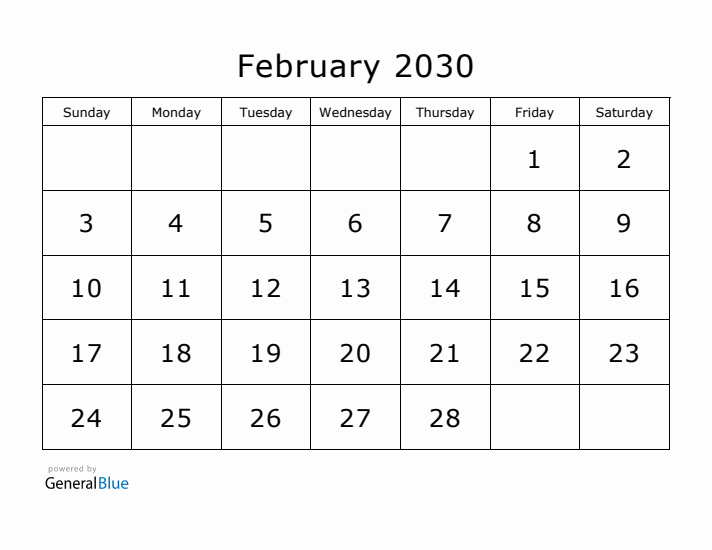 Printable February 2030 Calendar - Sunday Start