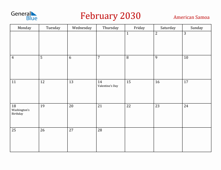 American Samoa February 2030 Calendar - Monday Start