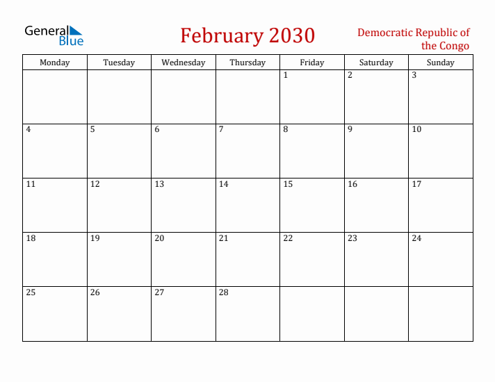 Democratic Republic of the Congo February 2030 Calendar - Monday Start