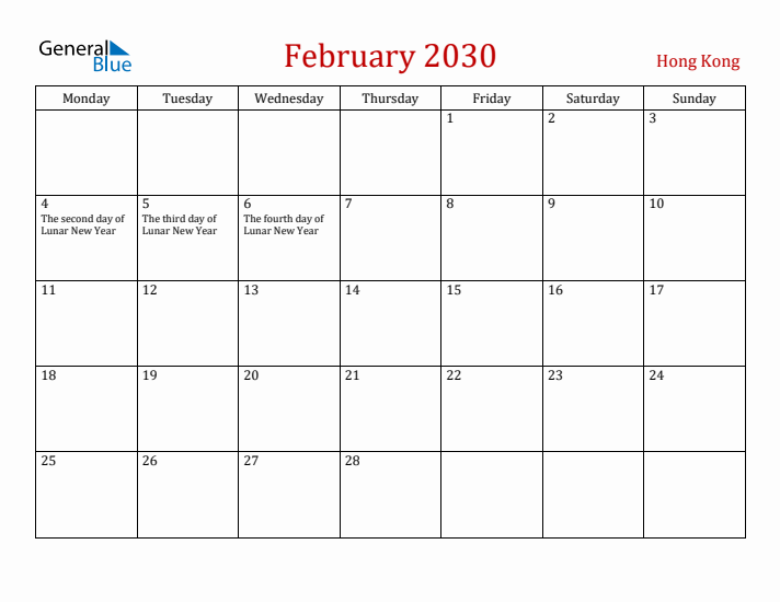 Hong Kong February 2030 Calendar - Monday Start