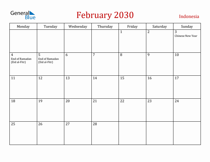 Indonesia February 2030 Calendar - Monday Start
