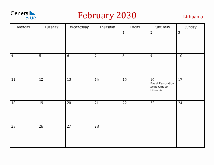 Lithuania February 2030 Calendar - Monday Start