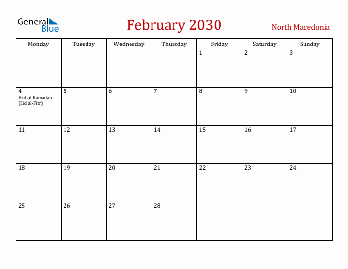 North Macedonia February 2030 Calendar - Monday Start
