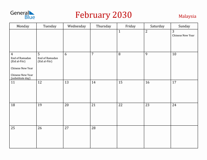 Malaysia February 2030 Calendar - Monday Start