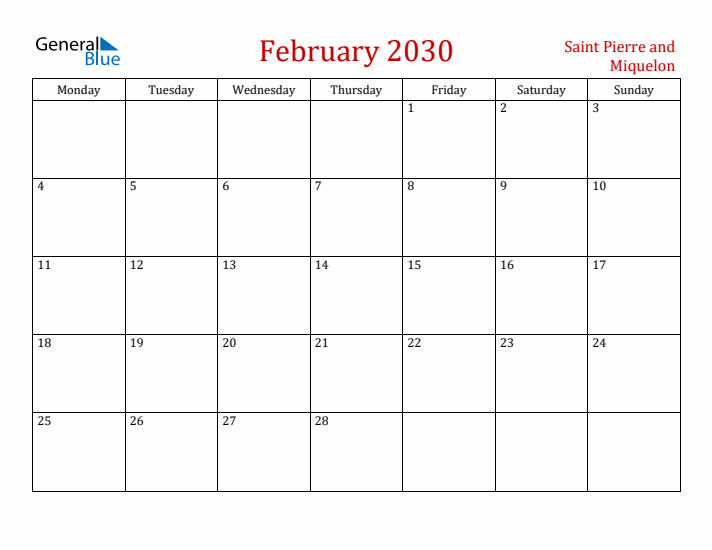 Saint Pierre and Miquelon February 2030 Calendar - Monday Start