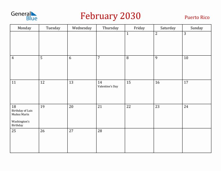 Puerto Rico February 2030 Calendar - Monday Start