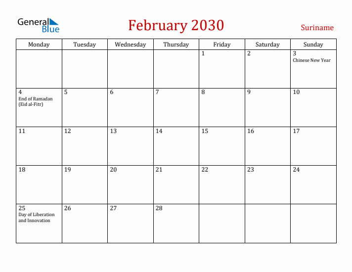 Suriname February 2030 Calendar - Monday Start
