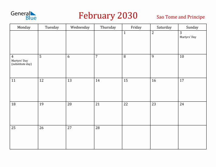 Sao Tome and Principe February 2030 Calendar - Monday Start