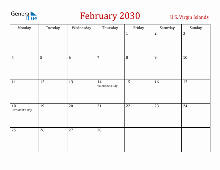 U.S. Virgin Islands February 2030 Calendar - Monday Start