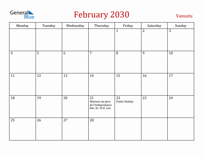 Vanuatu February 2030 Calendar - Monday Start