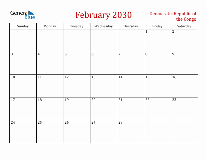 Democratic Republic of the Congo February 2030 Calendar - Sunday Start