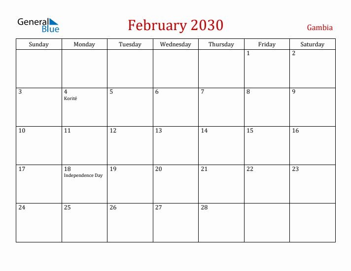 Gambia February 2030 Calendar - Sunday Start