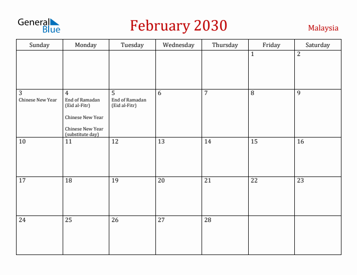 Malaysia February 2030 Calendar - Sunday Start