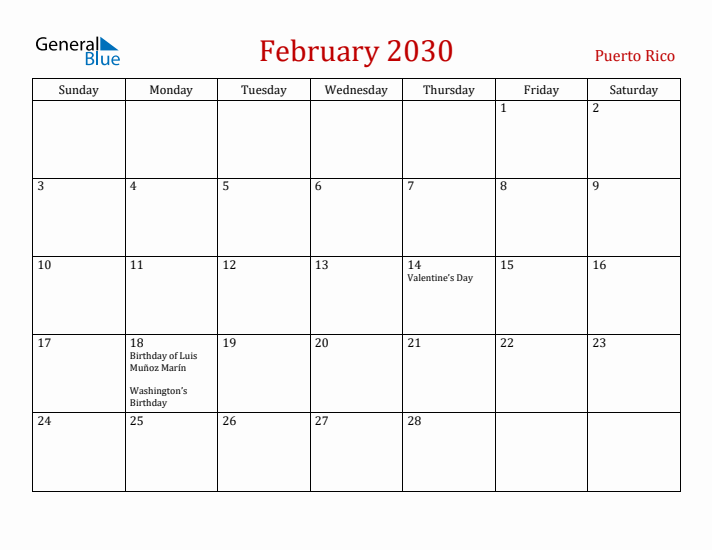 Puerto Rico February 2030 Calendar - Sunday Start