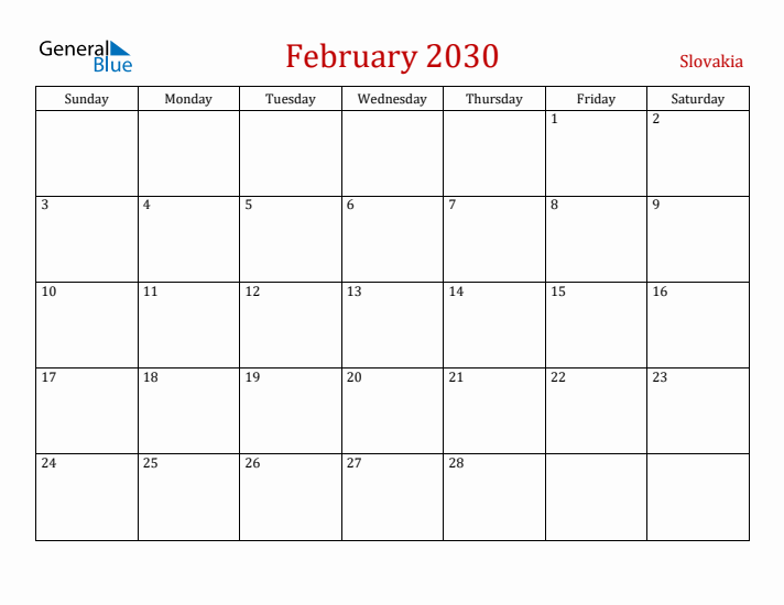 Slovakia February 2030 Calendar - Sunday Start