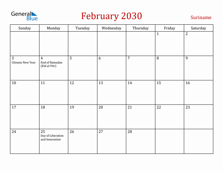 Suriname February 2030 Calendar - Sunday Start