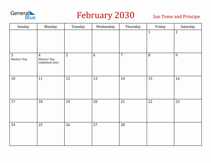 Sao Tome and Principe February 2030 Calendar - Sunday Start