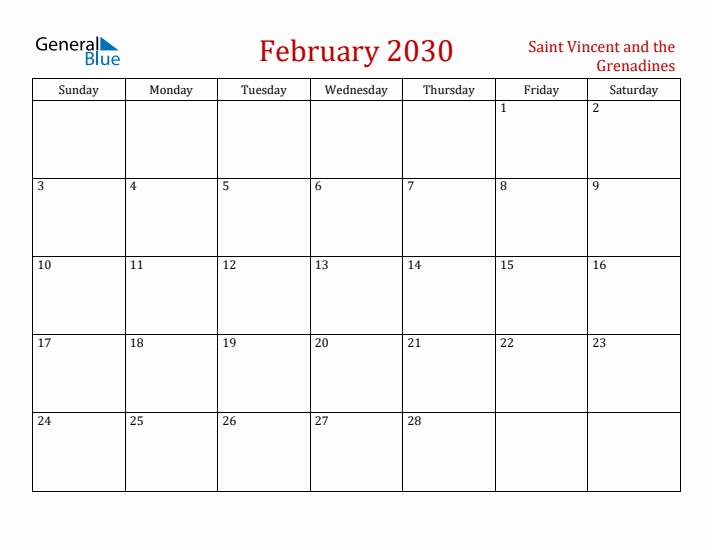 Saint Vincent and the Grenadines February 2030 Calendar - Sunday Start