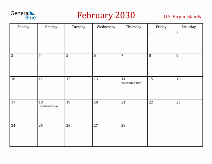 U.S. Virgin Islands February 2030 Calendar - Sunday Start