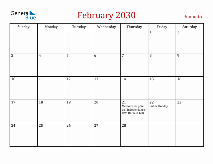 Vanuatu February 2030 Calendar - Sunday Start