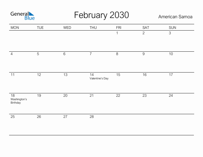 Printable February 2030 Calendar for American Samoa