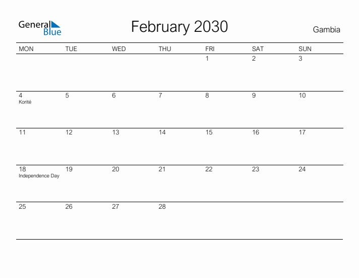 Printable February 2030 Calendar for Gambia