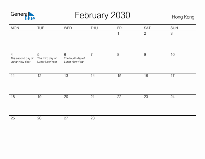 Printable February 2030 Calendar for Hong Kong