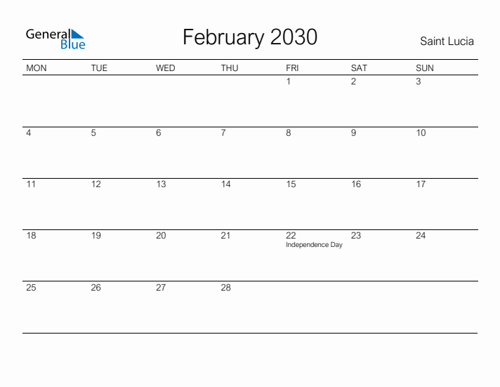 Printable February 2030 Calendar for Saint Lucia