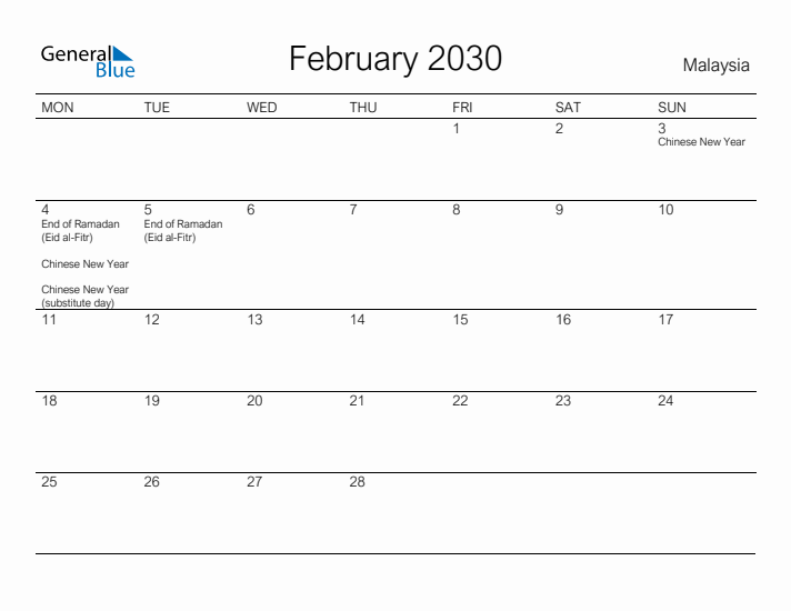 Printable February 2030 Calendar for Malaysia