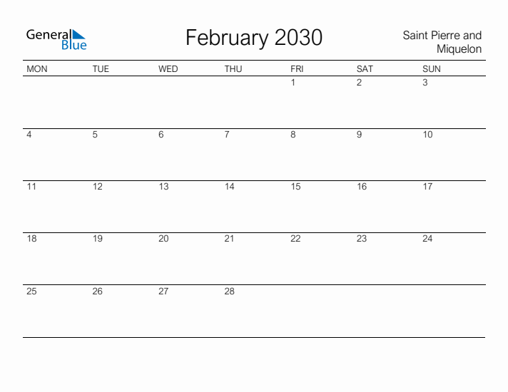 Printable February 2030 Calendar for Saint Pierre and Miquelon