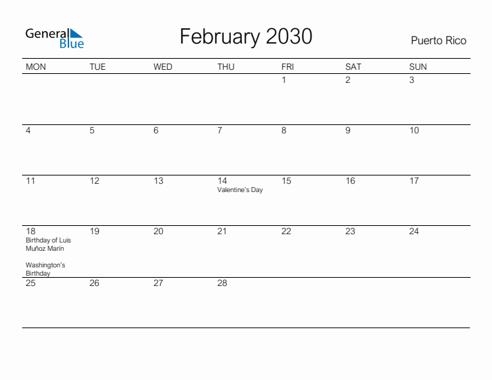 Printable February 2030 Calendar for Puerto Rico