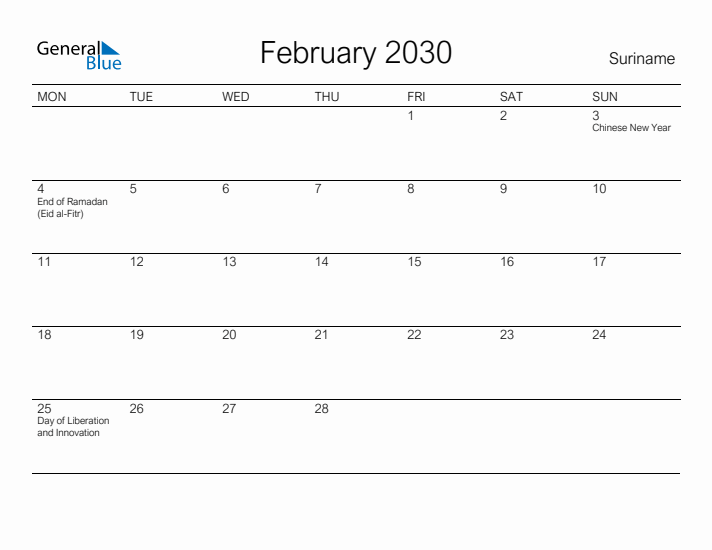 Printable February 2030 Calendar for Suriname